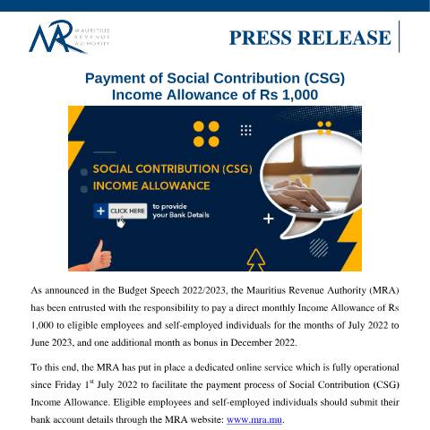Document preview: Payment of Social Contribution (CSG) Income Allowance of Rs 1,000 (06.07.22) — Document, Mauritius (CERFA n°PressReleaseCSG060722)