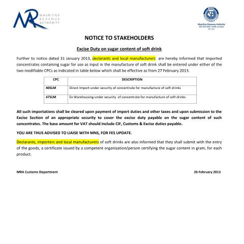 Document preview: Notice on Excise Duty on Sugar Content of soft drink (26.02.2013) — Document, Mauritius (CERFA n°NoticeExciseSugarNew)