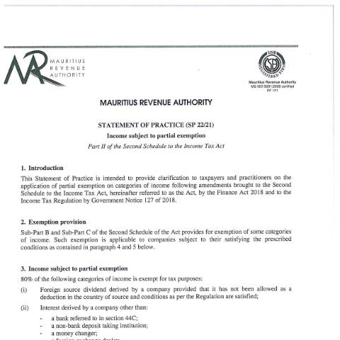 Document preview: SP 22/21 — Document, Mauritius (CERFA n°SOPPartialExemption)