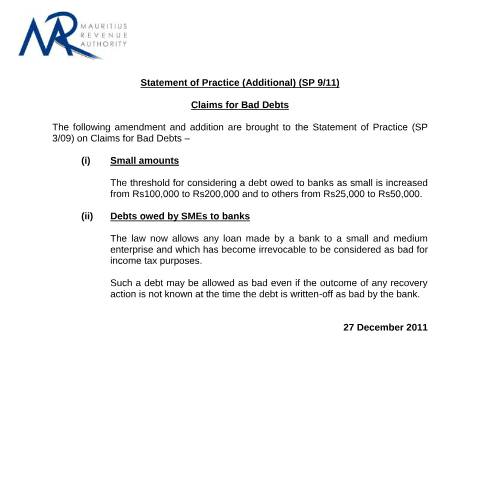 Document preview: SP 09/11 — Form, Mauritius (CERFA n°StatementOfPractice9ClaimsBadDebts)