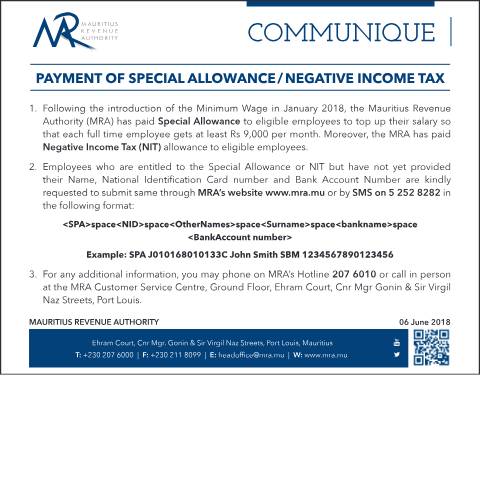 Document preview: Payment of Special Allowance / Negative Income Tax (06.06.18) — Document, Mauritius (CERFA n°PaymentofNIT-SPA)