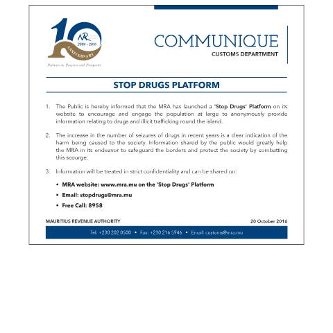 Document preview: Stop Drugs Platform (20.10.16) — Document, Mauritius (CERFA n°StopDrugs201016)