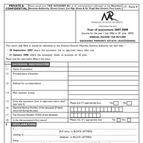 Document preview: 2007 / 2008 — Document, Mauritius (CERFA n°Succession0708)