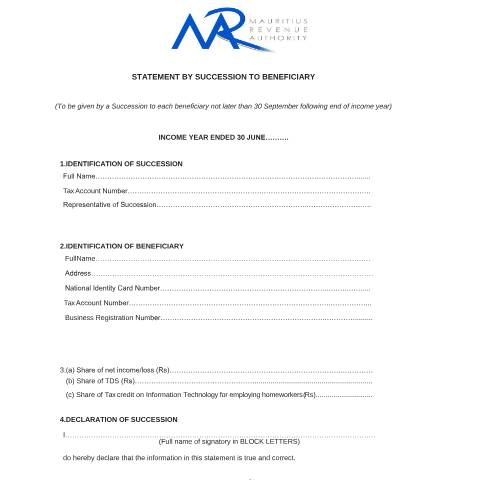 Document preview: Statement by Succession to Beneficiary — Document, Mauritius (CERFA n°StatementBySuccessionToBeneficiary2019)
