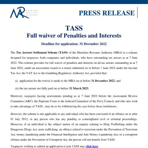 Document preview: TASS : Full waiver of Penalties and Interests (16.12.22) — Document, Mauritius (CERFA n°PressReleaseTASS161222)