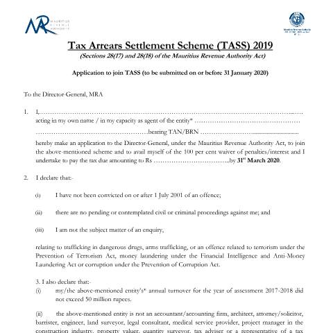 Document preview: Application Form — Form, Mauritius (CERFA n°TASS2019ApplicationForm)