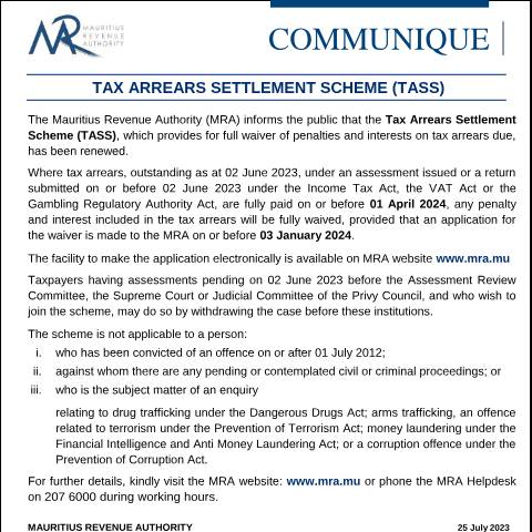 Document preview: Tax Arrears Settlement Scheme (25.07.23) — Notice / Circular, Mauritius (CERFA n°CommuniqueTASS250723)