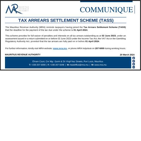 Document preview: Tax Arrears Settlement Scheme (TASS) : Deadline (20.03.24) — Document, Mauritius (CERFA n°TASS200324)