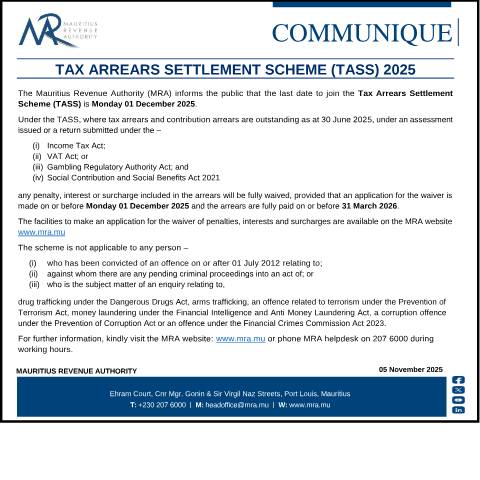 Document preview: Due date to join Tax Arrears Settlement Scheme (05.11.25) — Document, Mauritius (CERFA n°TASS051125)