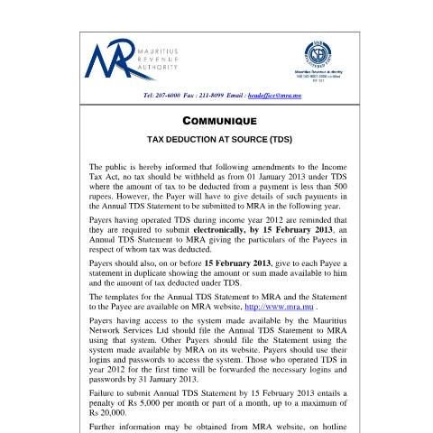 Document preview: Tax Deduction at Source (10.01.2013) — Notice / Circular, Mauritius (CERFA n°CommuniqueTDS2013)