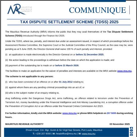 Document preview: Tax Dispute Settlement Scheme (TDSS) 2025 (03.11.25) — Document, Mauritius (CERFA n°comTDSS031125)