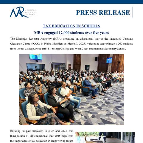 Document preview: Tax Education in Schools : MRA engaged 12,000 students over five years (07.03.25) — Document, Mauritius (CERFA n°PressRelease070325)