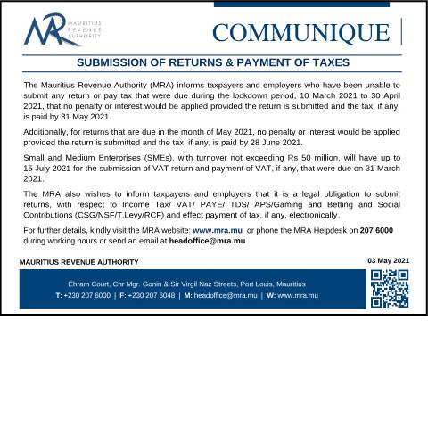 Document preview: Extension for Submission of Returns and Payment of Taxes (03.05.21) — Form, Mauritius (CERFA n°Extension030521)