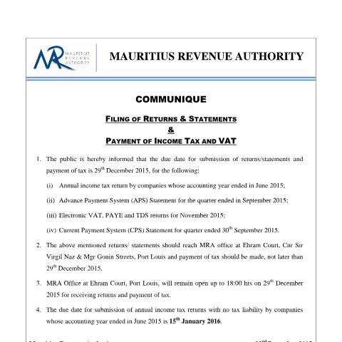 Document preview: Filing of Returns &amp; Statements and Payment of Income Tax &amp; VAT (22.12.15) — Form, Mauritius (CERFA n°Filingofreturns221215)