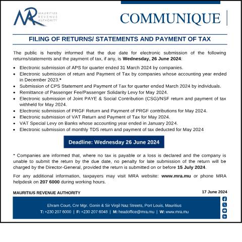 Document preview: Filing of Returns/ Statements and Payment of Tax: Deadline (17.06.24) — Form, Mauritius (CERFA n°CommuniqueDeadline170624)