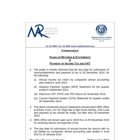 Document preview: Filing of Returns / Statements &amp; Payments of Income Tax / VAT (22.12.14) — Form, Mauritius (CERFA n°MRACommunique221214)