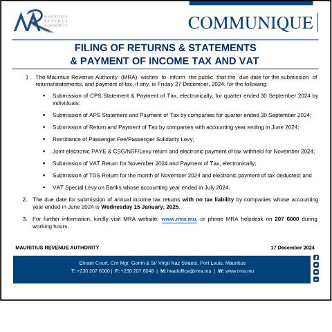 Document preview: Deadline for Filing of Returns &amp; Statements &amp; Payment of Income Tax and VAT (17.12.24) — Form, Mauritius (CERFA n°FilingReturns171224)
