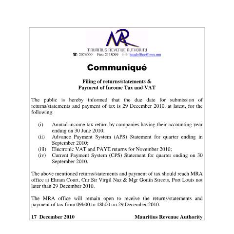 Document preview: Filing of Returns / Statements &amp; Payment of Income Tax and VAT (17.12.2010) — Form, Mauritius (CERFA n°CommuniqueAnnualReturn20122010)