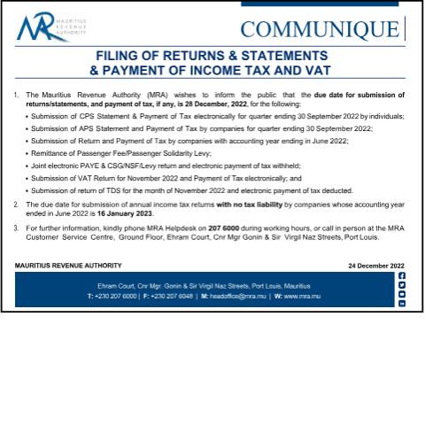 Document preview: Filing of Returns &amp; Statements &amp; Payment of Income Tax and VAT (24.12.22) — Form, Mauritius (CERFA n°Communique241222)