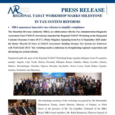 Document preview: Regional TADAT Workshop marks&nbsp;milestone in the Tax System Reforms (11.09.25) — Document, Mauritius (CERFA n°PressRelease110925)