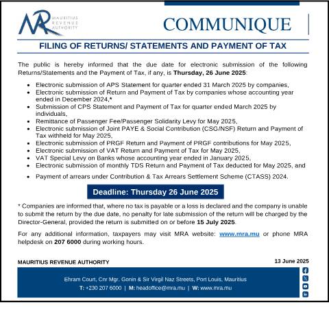 Document preview: Filing of Returns/Statements and Payment of Tax (13.06.25) — Form, Mauritius (CERFA n°Communique260625)