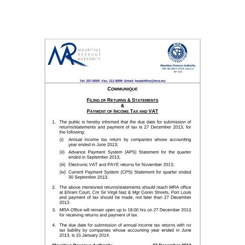 Document preview: Submission of Returns and Payments (24.12.13) — Form, Mauritius (CERFA n°CommuniqueFilingReturns)
