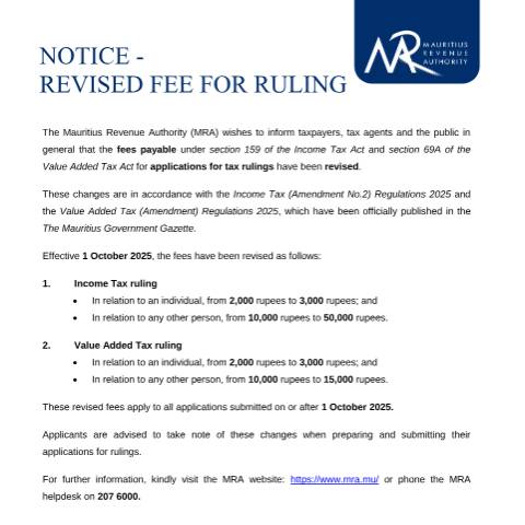 Document preview: Revised Fee for Ruling — Reference, Mauritius (CERFA n°RevisedFee)
