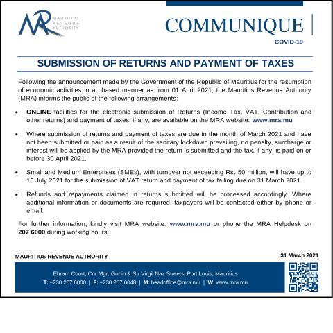 Document preview: Submission of Returns and Payment of Taxes (31.03.21) — Form, Mauritius (CERFA n°Payment310321)