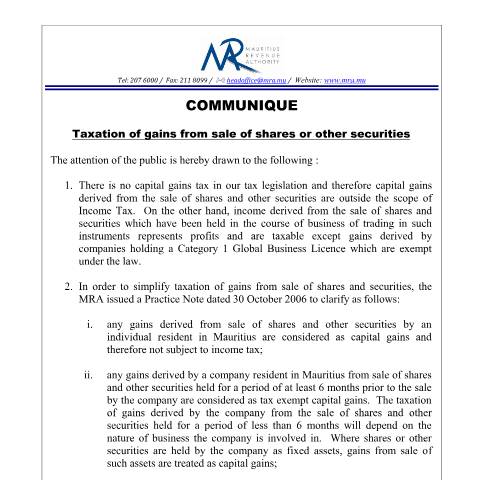 Document preview: Taxation of gains from sale of shares or other securities (27.03.15) — Document, Mauritius (CERFA n°CapitalGains270315)