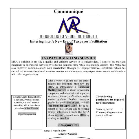 Document preview: Taxpayer Mailing Service — Document, Mauritius (CERFA n°Taxpayermailing)