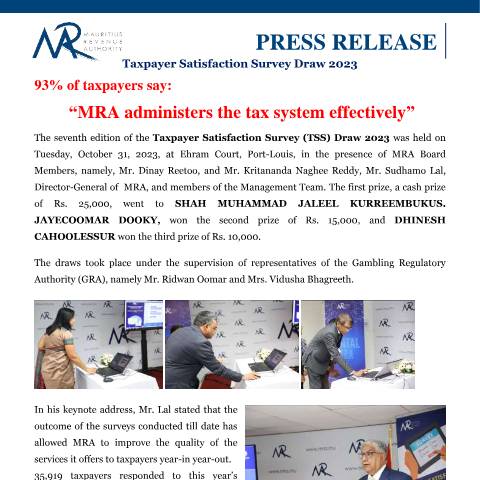 Document preview: Taxpayer Satisfaction Survey Draw 2023 (31.10.23) — Document, Mauritius (CERFA n°PressRelease311023)