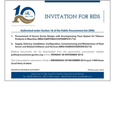 Document preview: Invitation for Bid : Tenders on Tobacco Stamps &amp; Rack Server (29.11.16) — Document, Mauritius (CERFA n°TobaccoTender)