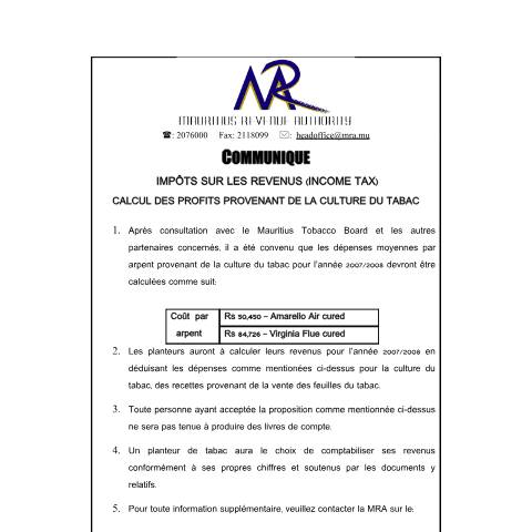 Document preview: Calcul Des Profits Provenant De La Culture Du Tabac (17.09.2008) — Notice / Circular, Mauritius (CERFA n°CommuniqueTabac_180908)