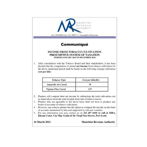 Document preview: Taxation of Tobacco (16.03.2011) — Notice / Circular, Mauritius (CERFA n°CommuniqueTobacco16032011)