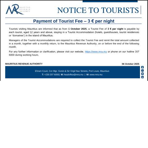 Document preview: Payment of Tourist Fee – 3 € per night (06.10.25) — Document, Mauritius (CERFA n°NoticeTourists061025)