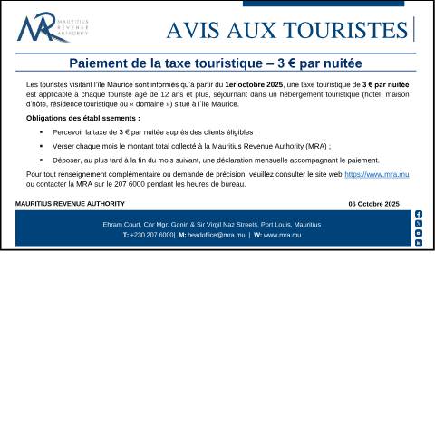 Document preview: Paiement de la taxe touristique – 3 € par nuitée&nbsp;(06.10.25) — Document, Mauritius (CERFA n°AvisTouristes061025)