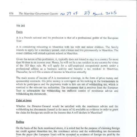 Document preview: TR 282 — Document, Mauritius (CERFA n°TR282)