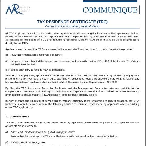 Document preview: Tax Residence Certificate (TRC) : Common errors and other practical issues (06.01.22) — Notice / Circular, Mauritius (CERFA n°CommuniqueTRC060122)