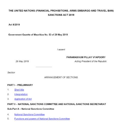 Document preview: The United N_ations (Financial Prohibitions, Arms Embargo and Travel Ban) Sanctions Act — Act / Law, Mauritius (CERFA n°The-United-N_ations-Financial-Prohibitions-Arms-Embargo-and-Travel-Ban-Sanctions-Act)