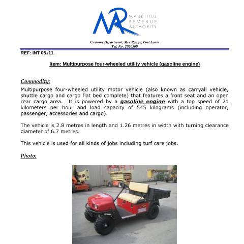 Document preview: Classification of Multipurpose&nbsp; four wheeled utility MV - gasoline — Document, Mauritius (CERFA n°Multipurpose4wheeledUtilityMVgasoline)