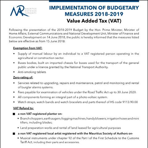 Document preview: VAT : Implementation of Budgetary Measures 2018-2019 (15.06.18) — Document, Mauritius (CERFA n°VATBudgetaryMeasures)