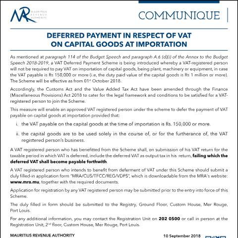 Document preview: Deferred Payment in respect of VAT on capital goods at importation (10.09.18) — Document, Mauritius (CERFA n°DPVAT)