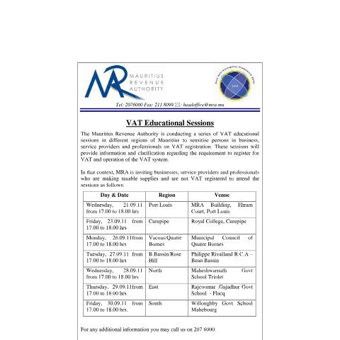 Document preview: VAT Educational Sessions (19.09.2011) — Document, Mauritius (CERFA n°VATcampaign2011)