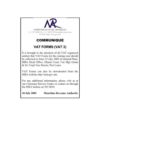 Document preview: VAT From - VAT 3(13.07.2009) — Notice / Circular, Mauritius (CERFA n°communiqueVAT3_130709)