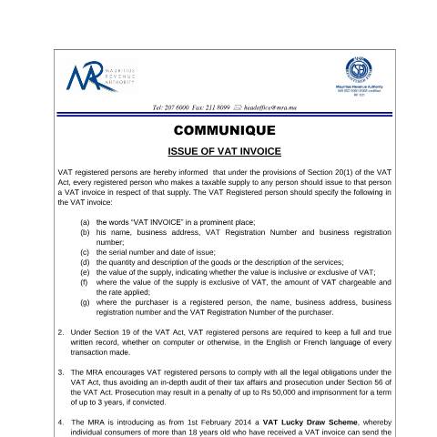 Document preview: Issue of VAT Invoice (28.01.14) — Document, Mauritius (CERFA n°IssueOfInvoice)