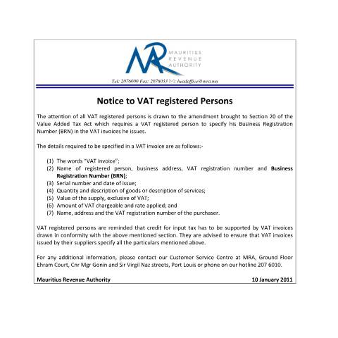 Document preview: Notice to VAT Registered persons ( 10.01.2011) — Notice / Circular, Mauritius (CERFA n°CommuniqueVATinvoice)