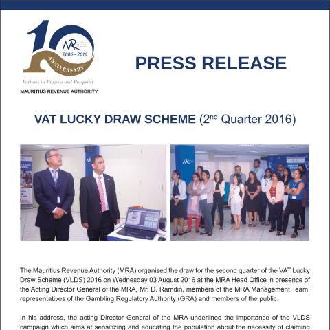 Document preview: VAT Lucky Draw Scheme 2016 - Second Quarter (04.08.16) — Document, Mauritius (CERFA n°VLDSPressRelease)