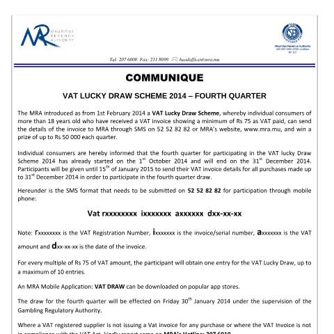 Document preview: VAT Lucky Draw Scheme 2014 - Fourth Quarter (21.11.14) — Document, Mauritius (CERFA n°VLDSQ4)