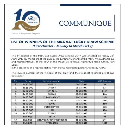 Document preview: Winners of the MRA VAT Lucky Draw Scheme (VLDS) 2017 - First Quarter (28.04.17) — Notice / Circular, Mauritius (CERFA n°CommuniqueVLDSQ012017)