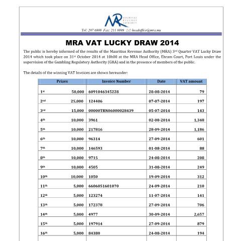 Document preview: Winners of VAT Lucky Draw Scheme - Third Quarter (31.10.14) — Document, Mauritius (CERFA n°VLDSWinners_3rd)